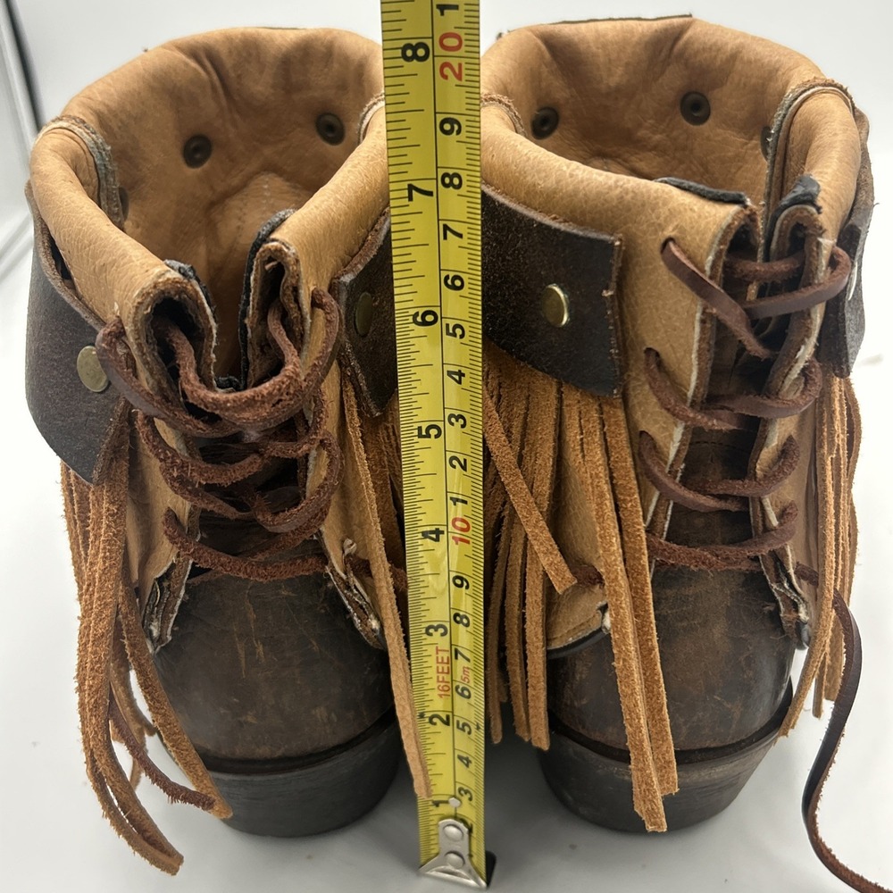 JB Dillion Snip Toe Cross Inlay Fringe Cowgirl Brown Leather Lace Up Western 9B - Picture 11 of 12